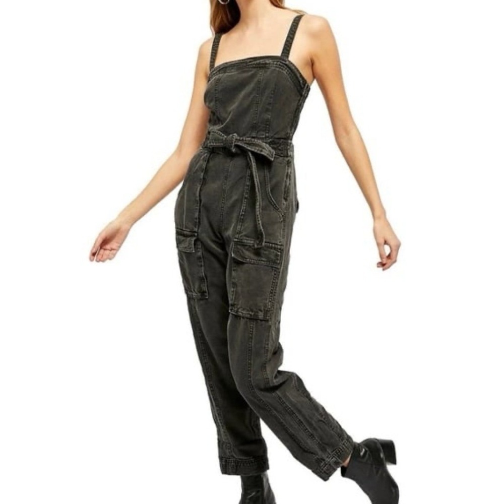 Free People Go West Utility Jumpsuit Washed Black Grey Size S Cutout Back Tie - Picture 7 of 16
